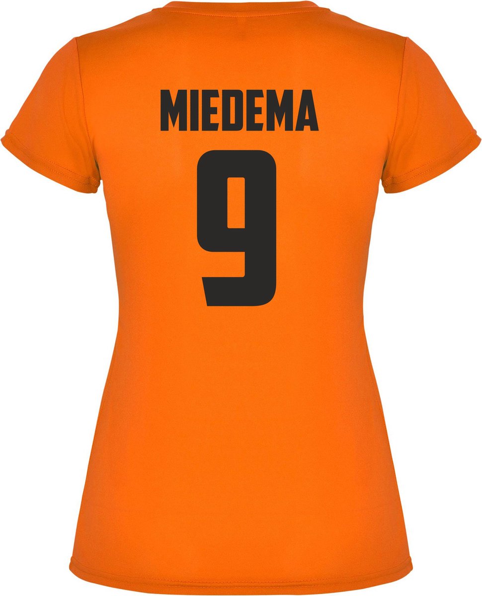 Dames t-shirt Miedema 9 | Voetbalshirts dames nederlands elftal | ek2022 | oranje shirt dames | Oranje fluor | maat XL